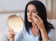 Portrait of serious senior woman with long dark black hair holding mirror and looking at her reflection, cheking and examining facial wrinkles, doing morning skincare routine at home