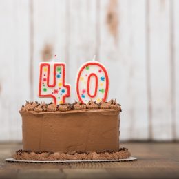 Chocolate frosted cake with 40 or forty candles on it for a 40th birthday or anniversary