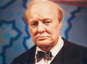 portrait of Winston Churchill on animated background