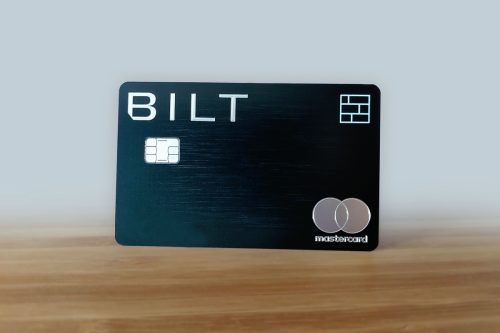 BILT Mastercard isolated on blurred background. Renters earn rewards points on rent payments and other spending categories with this credit card issued by Wells Fargo.