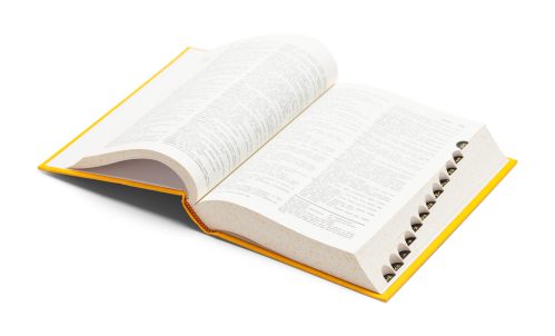 an open dictionary in front of a white background
