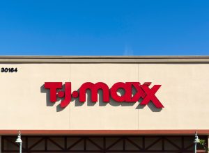 T.J.maxx logo sign on store façade. T.J.maxx is an American department store chain.