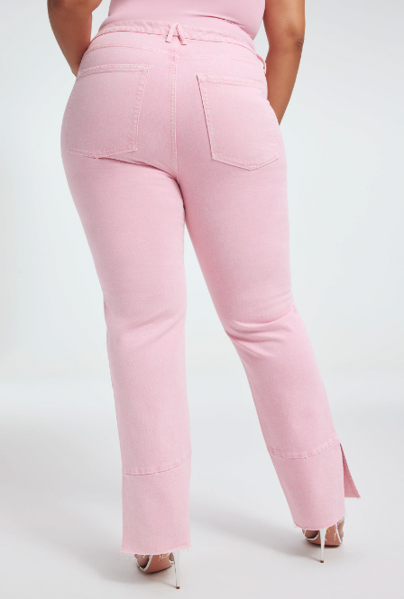 Product shot of a model wearing Good American's Good Boy Jeans in pink