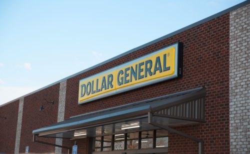 The front store sign of a Dollar General in the morning light.