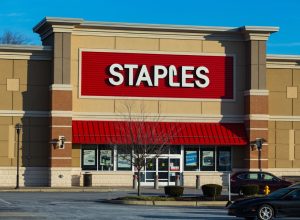 Exterior of Staples Office Superstore Retail Location. Staples is a chain with more than 2000 locations that sells office supplies and technology.