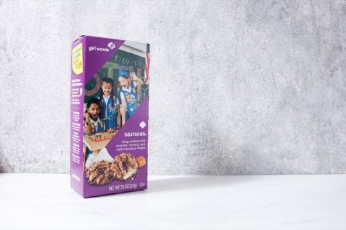 A view of Samoas flavor Girl Scouts cookies box.