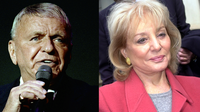Frank Sinatra performing in 1992; Barbara Walters at a news conference in 2004