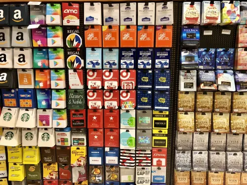 Target store gift certificate aisle with various cards.