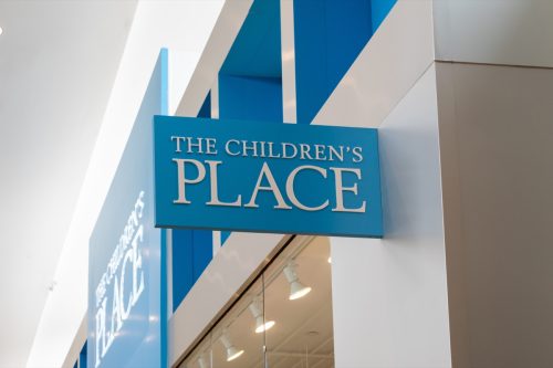 The Children's Place store projecting sign at a shopping mall. The Children's Place Inc. is an American specialty 