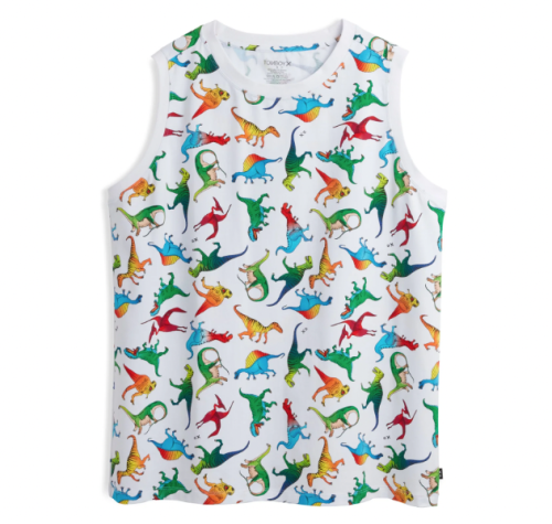 Product shot of TomboyX muscle tank in dinosaur print.