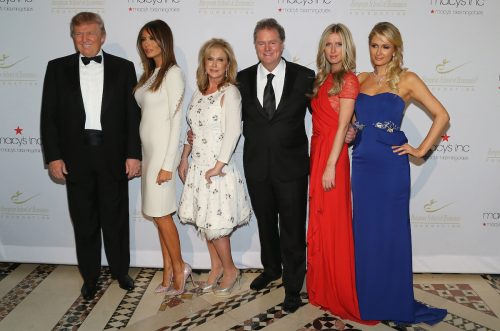 Donald Trump, Melania Trump, Kathy Hilton, Rick Hilton, Nicky Hilton, and Paris Hilton at the European School Of Economics Foundation Vision And Reality Awards in 2012