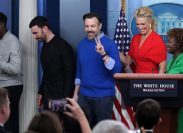 "Ted Lasso" cast members and press secretary Karine Jean-Pierre in the White House press room in March 2023
