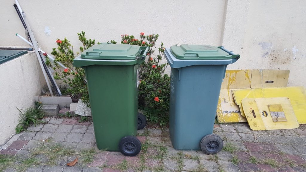 One green and one blue garbage bin sitting outside