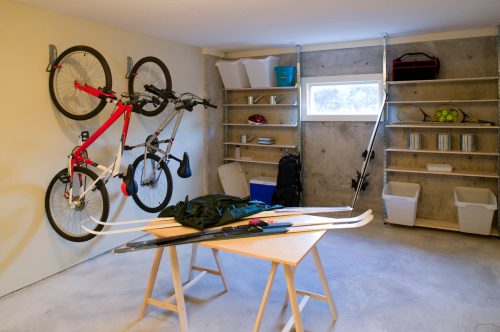Basement with shelves and sports equipment
