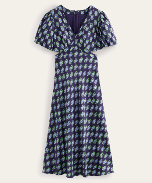 Product shot of the cut-out midi tea dress in a blue print from Boden