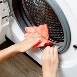 Photo of woman hands wiping cloth washing machine