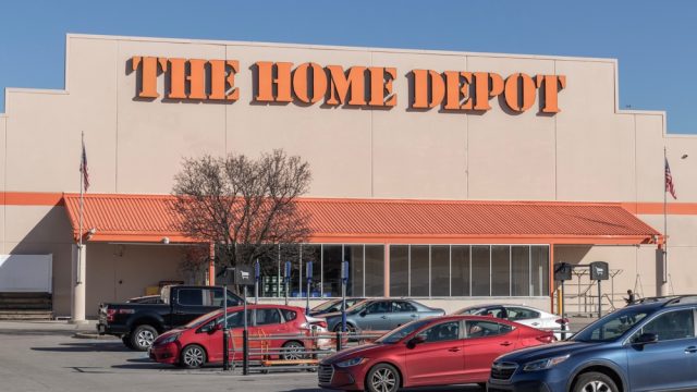 A Home Depot storefront and parking lot