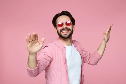 cheerful man in pink