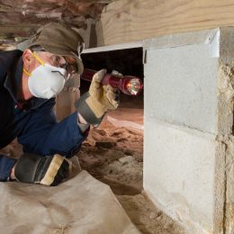 An inspector looking in a home's crawl space at the foundation, checking for termites