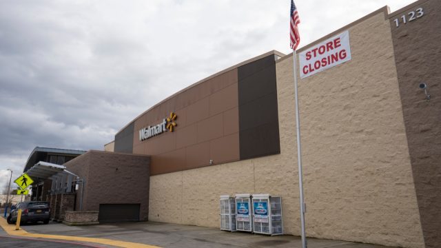 Store Closing sign is seen outside the Walmart Supercenter at Delta Park in North Portland, Oregon. Walmart is closing its two "underperforming" Portland stores.