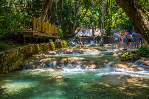 The Dunn's River Falls waterfall in Ocho Rios, Jamaica