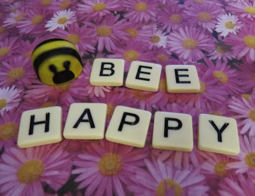 block letters spelling out "bee happy," a popular bee pun