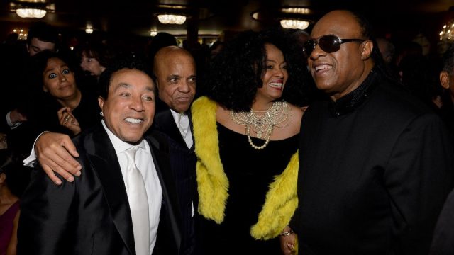 Smokey Robinson, Berry Gordy, Diana Ross, and Stevie Wonder at "Motown: The Musical" opening night in 2013