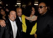 Smokey Robinson, Berry Gordy, Diana Ross, and Stevie Wonder at "Motown: The Musical" opening night in 2013
