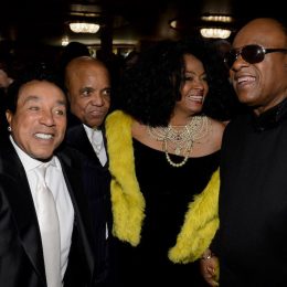 Smokey Robinson, Berry Gordy, Diana Ross, and Stevie Wonder at "Motown: The Musical" opening night in 2013