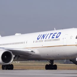 A United Airlines 767 jet taxiing on the runway