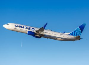 A United Airlines plane taking off in the sky