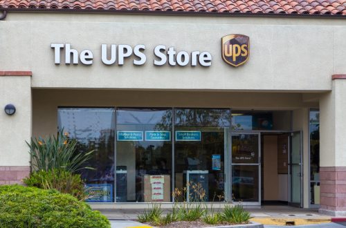 The UPS Store exterior. The UPS Store network is the world's largest franchisor of retail shipping, postal, printing and business service centers.