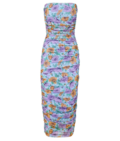 Product shot of a ruched strapless floral-print dress by Veronica Beard