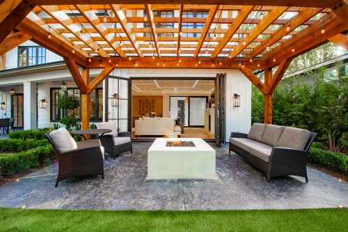 Backyard with pergola and firepit