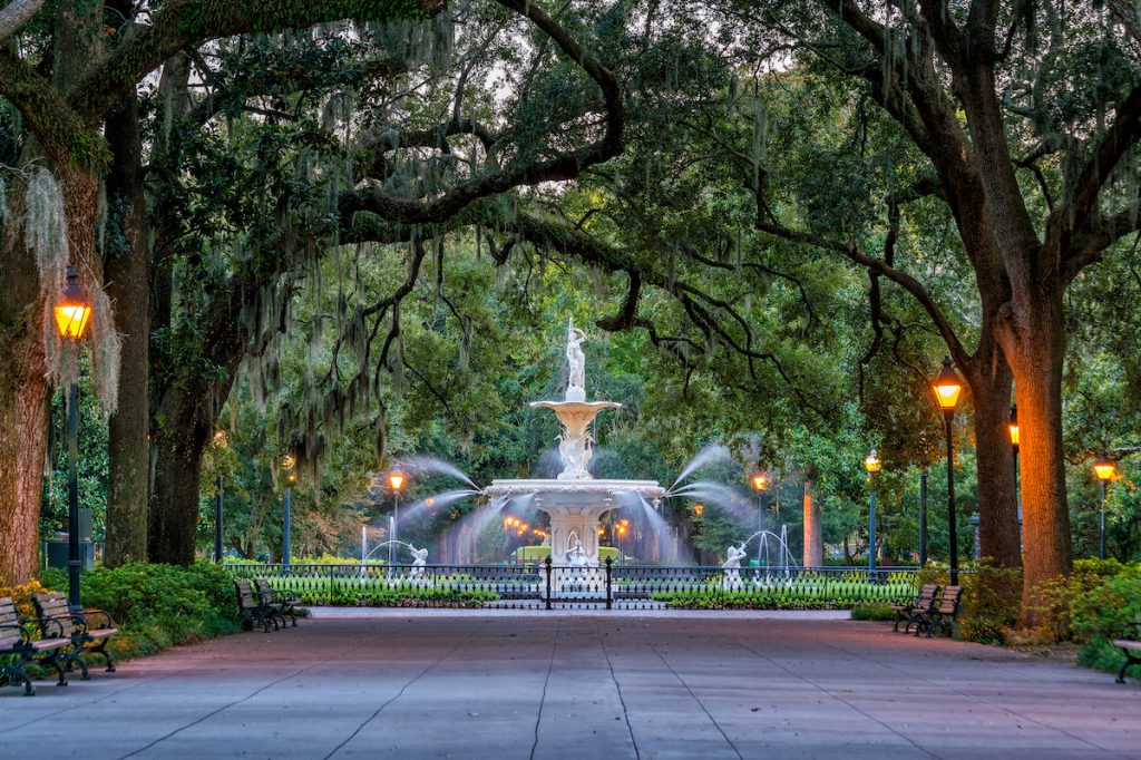 Fountain surrounded by Spanish moss in Savannah, Georgia.