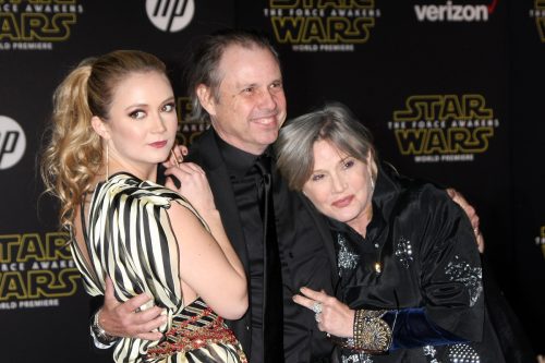 Billie Lourd, Todd Fisher, and Carrie Fisher at the premiere of "Star Wars: The Force Awakens" in 2015