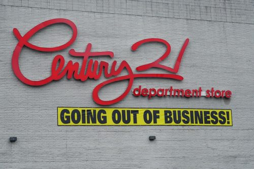 Going out of business sign on Century 21 department store in Long Island. Century 21 chain closing up all 13 stores as forced to file for bankruptcy
