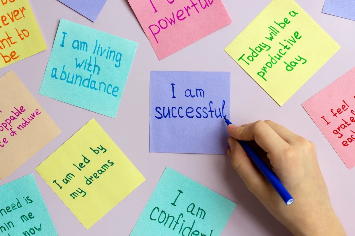 Close up of a hand writing positive affirmations on colorful Post-it notes.