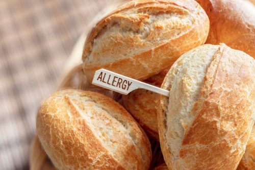Allergy sign on white bread rolls, allergic gluten intolerance and diet concept