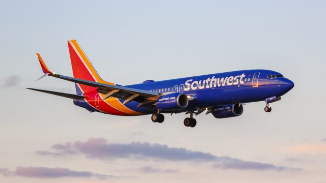 Southwest Boeing 737 800 airplane at Dallas Love Field airport in the United States