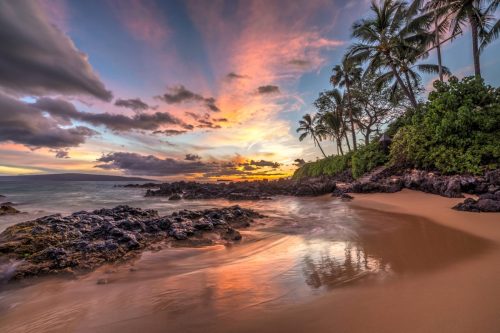 Wonderful sunset from secret cove on the tropical island of Maui, Hawaii