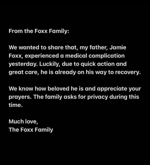 Corinne Foxx's April 12 Instagram statement about Jamie Foxx
