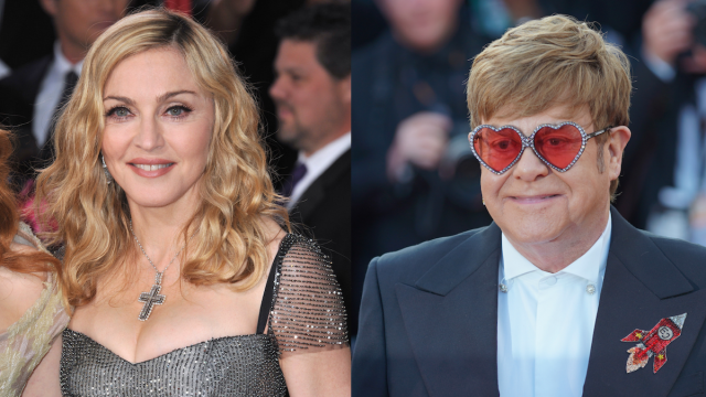 Madonna in 2012; Elton John in 2019
