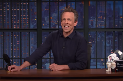 Seth Meyers hosting "Late Night" in May 2023
