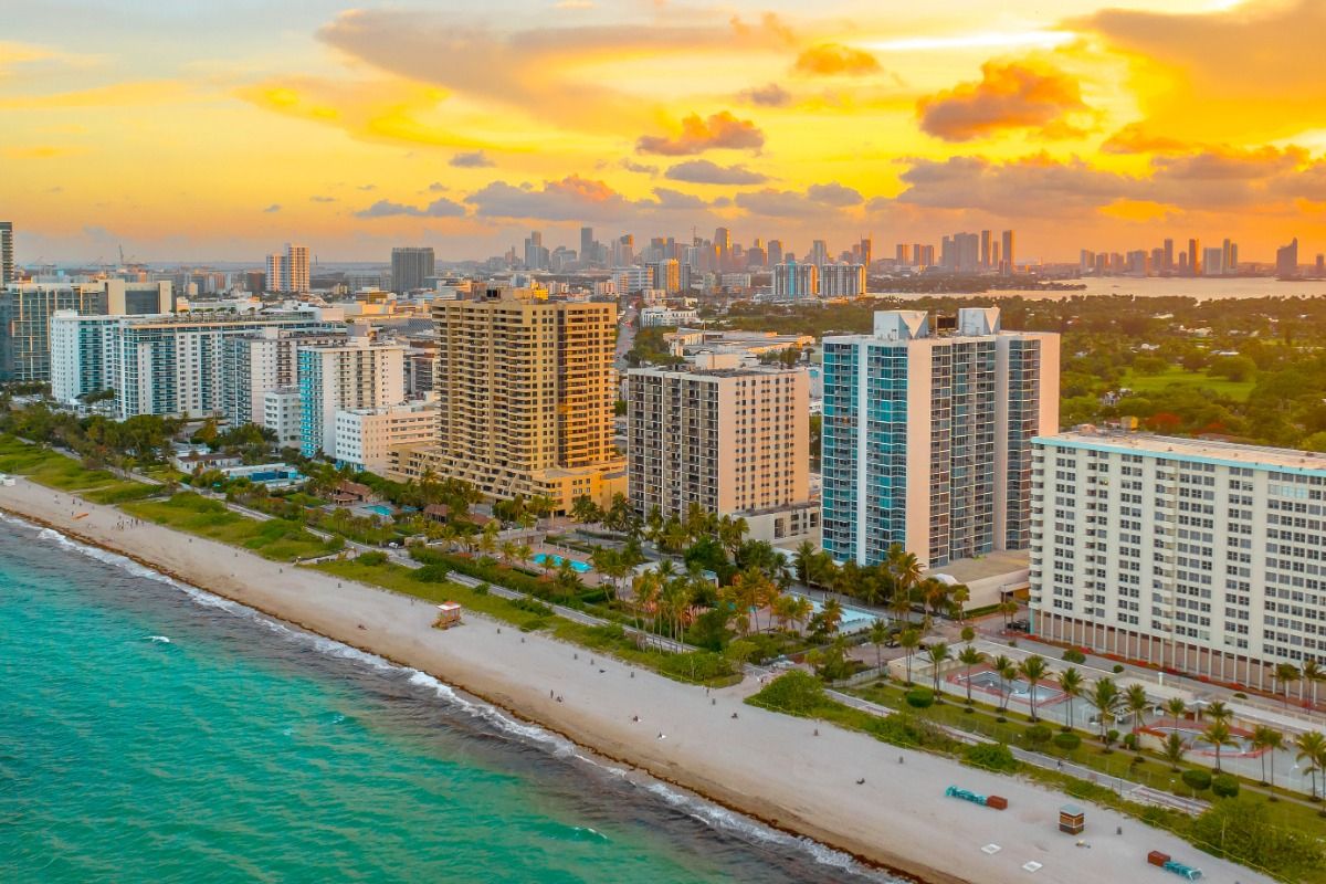 Sunset aerial shot of Miami Beach.