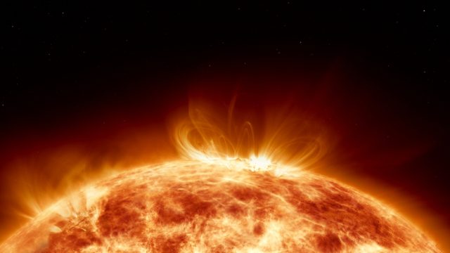 A close up of the sun during a solar storm eurption