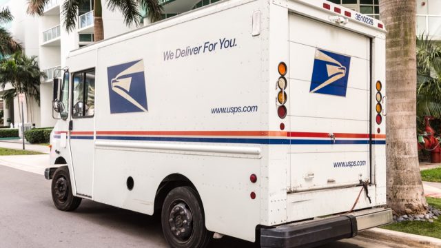 United States Post Office mail truck (USPS) parked in Miami, Florida