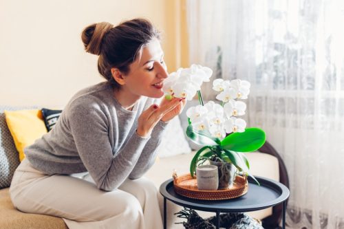Woman Smelling Orchids on the Table