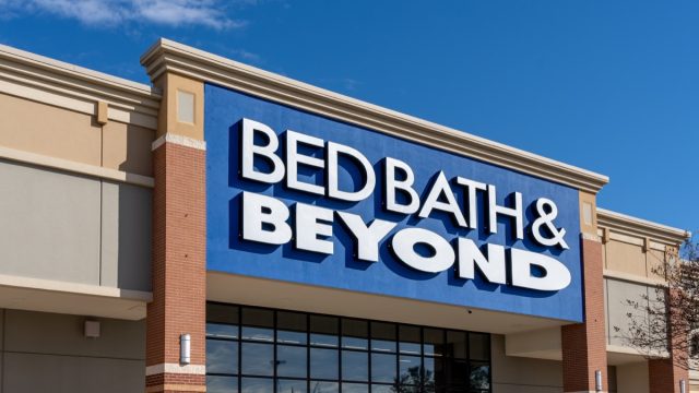 Closeup of Bed Bath and Beyond store sign on the building. Bed Bath and Beyond Inc. is an American chain of domestic merchandise retail stores.