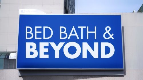 Bed Bath and Beyond sign on billboard. Bed Bath and Beyond, Inc., is an American chain of domestic merchandise retail stores in the United States, Puerto Rico, Canada